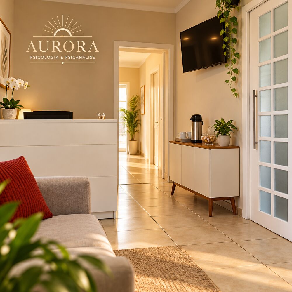 Recepção da Clínica Aurora em Uberlândia, com sofá confortável, luz natural e plantas